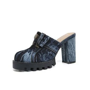 Zapatillas de tacón alto con puntera y lavado denim para mujer, ideales para casa, comodidad y estilo casual. — foto 6