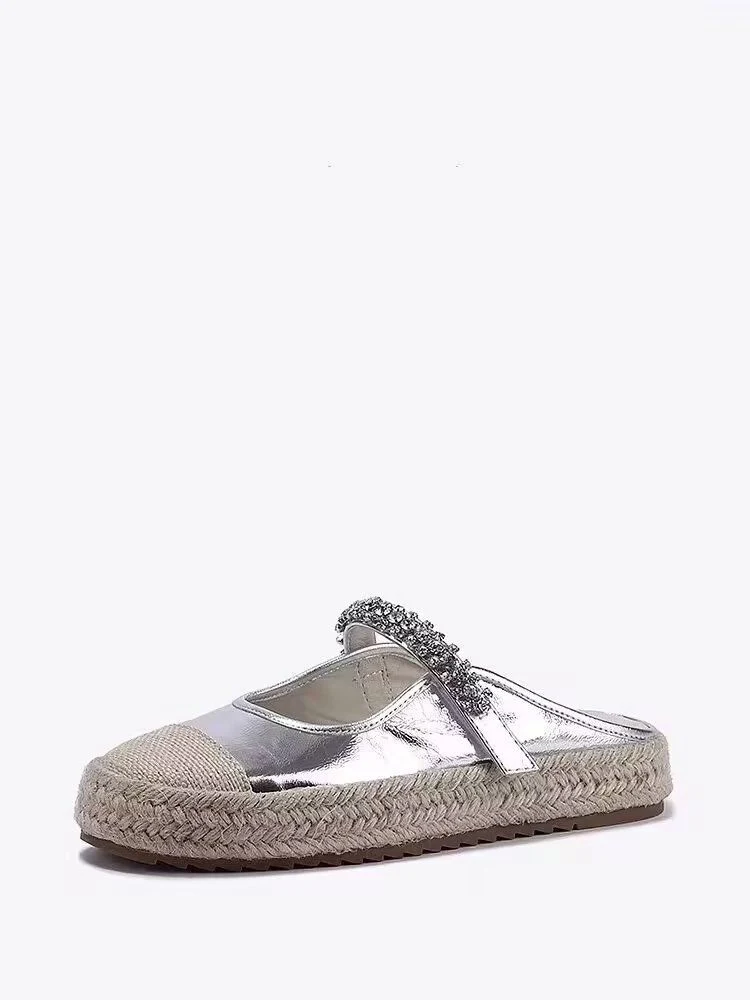 Summer flat round toe rhinestone straw woven casual half slippers. Comfortable and stylish footwear perfect for warm wea — photo 3