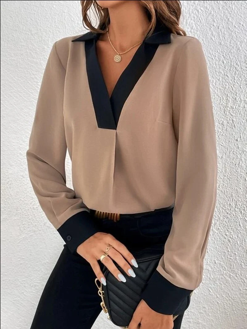 Title 7, Womens V-collar Contrast Color Casual Shirt
