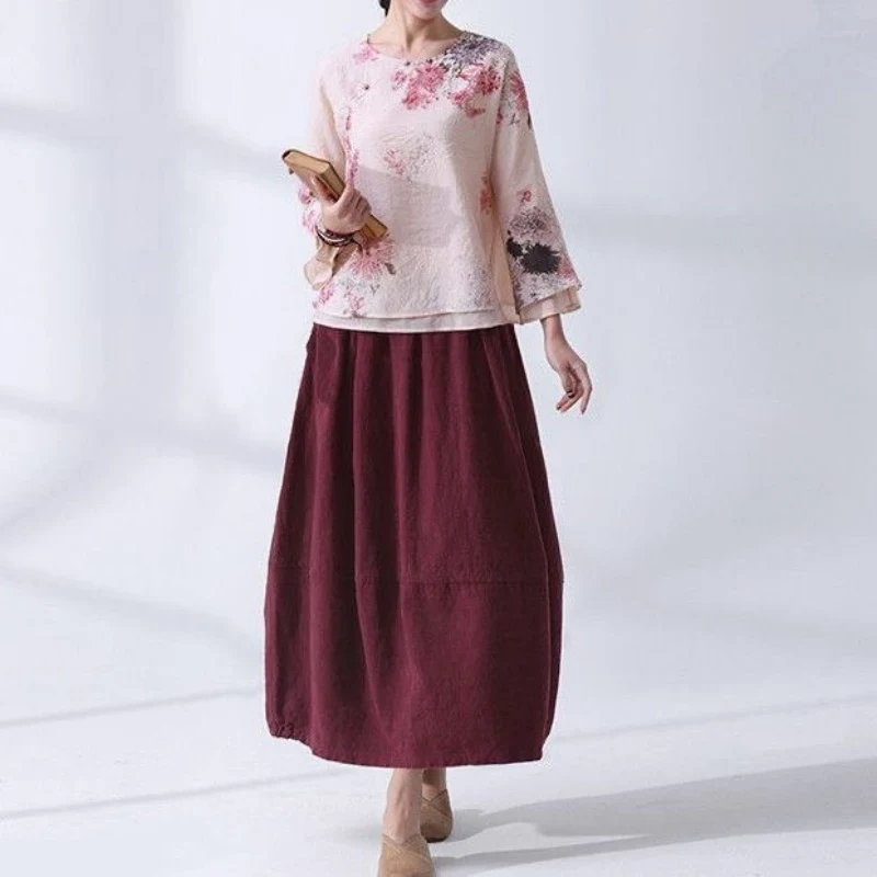 Loose and Comfortable Cotton Linen Retro High Waisted Skirt, offering a relaxed fit and a flattering, vintage-inspired s — photo 3