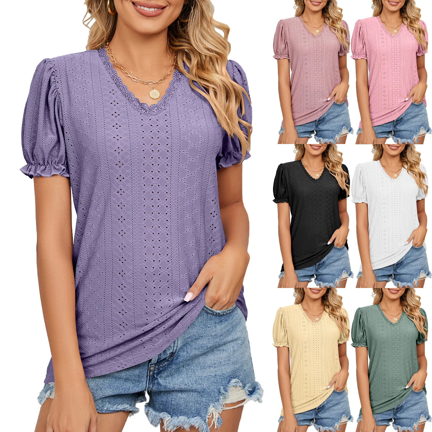 Title 10, Solid Color Lace Patchwork Princess Sleeve Holl...