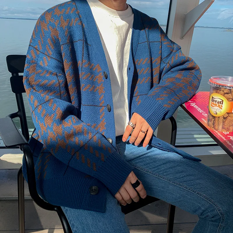 Title 1, Mens Plaid Sweater Korean Version Knitted Card...