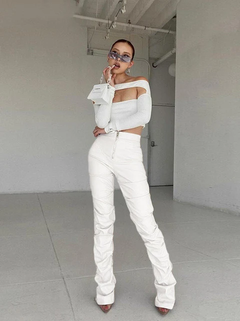 Black PU Leather Pleated High Waist Trousers. Stylish and versatile, these trousers offer a flattering fit and a chic lo — photo 2