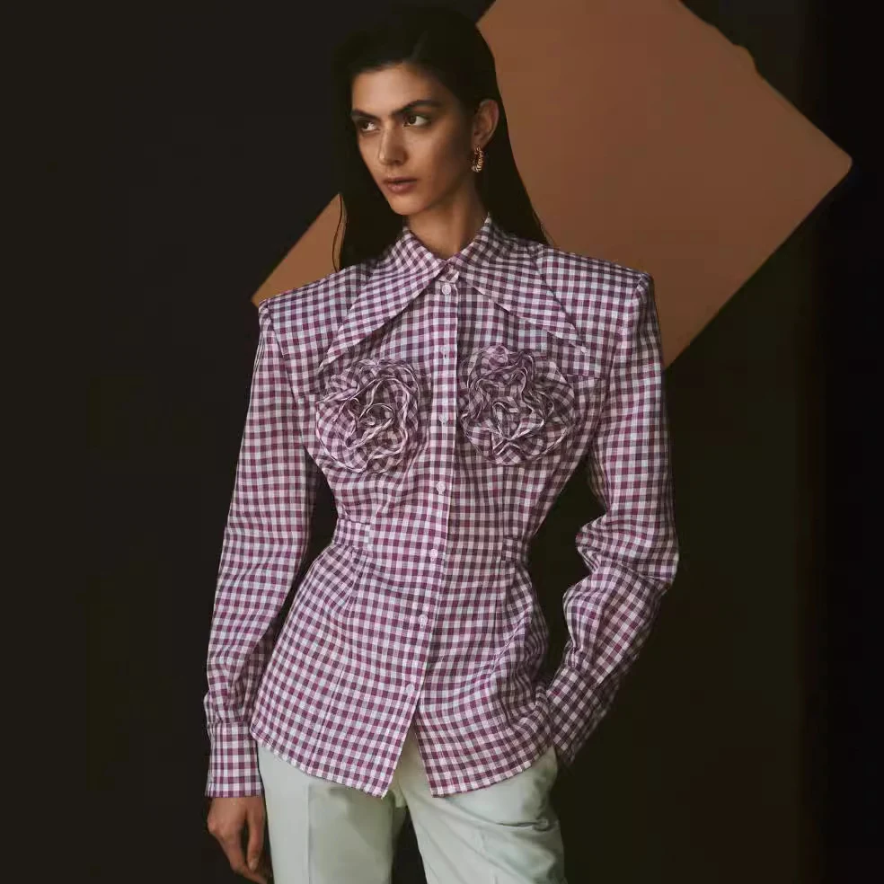 Plaid Large Pointed Collar Decorative Flower Wide Shoulder Lace-up Shirt Coat — photo 6