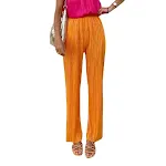 Pantaloni ampi arancione giallo, vita alta, gamba larga, drappeggio morbido e spacco. Perfetti per un look comodo ed elegante. — foto 4