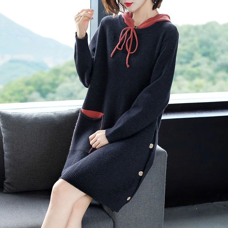 Autumn and Winter New Loose-fitting Outerwear Top Hooded Mid-length Sweater Dress, Comfortable and Stylish for Everyday — photo 3