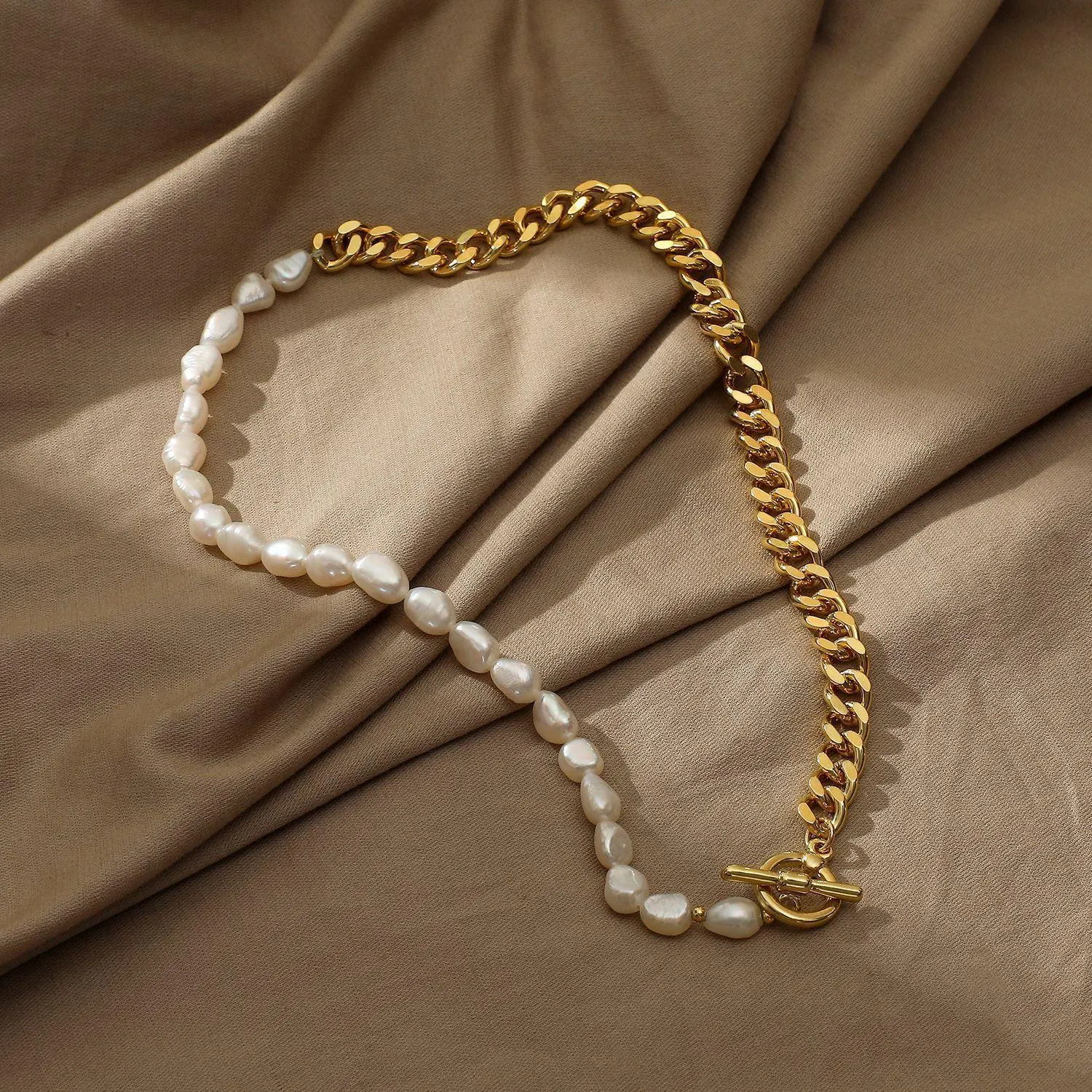 Colar de pérolas de água doce com fecho OT, emenda e corrente de metal de aço titânio, combinação perfeita de sofisticação e força. — foto 6