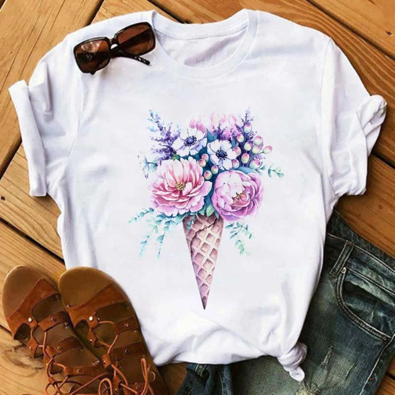 Ice Cream Flower Print Short Sleeve Tee for Couples, unisex design, comfortable summer wear, matching outfits, casual st — photo 2