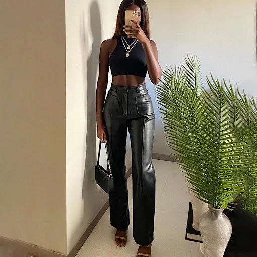 Title 2, Sexy slim two-pocket PU leather pants. Enhance ...