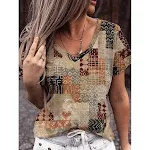 Moda com decote em V estampa geométrica plus size camiseta de manga curta — foto 2