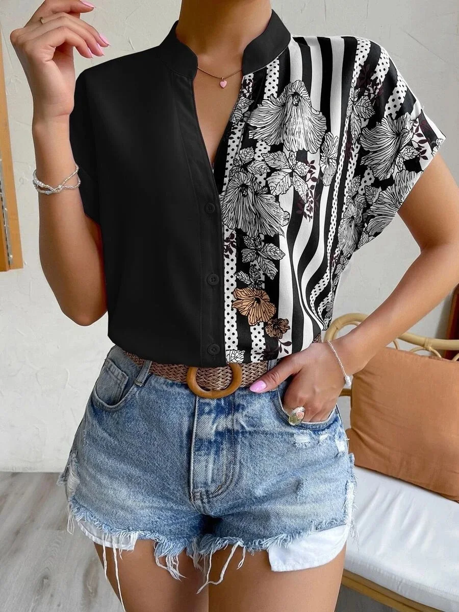 Double Contrast Color Floral Button Cardigan Short Sleeve Shirt, a stylish and versatile top for everyday wear, perfect — photo 30
