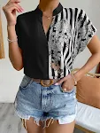 Double Contrast Color Floral Button Cardigan Short Sleeve Shirt, a stylish and versatile top for everyday wear, perfect — photo 30