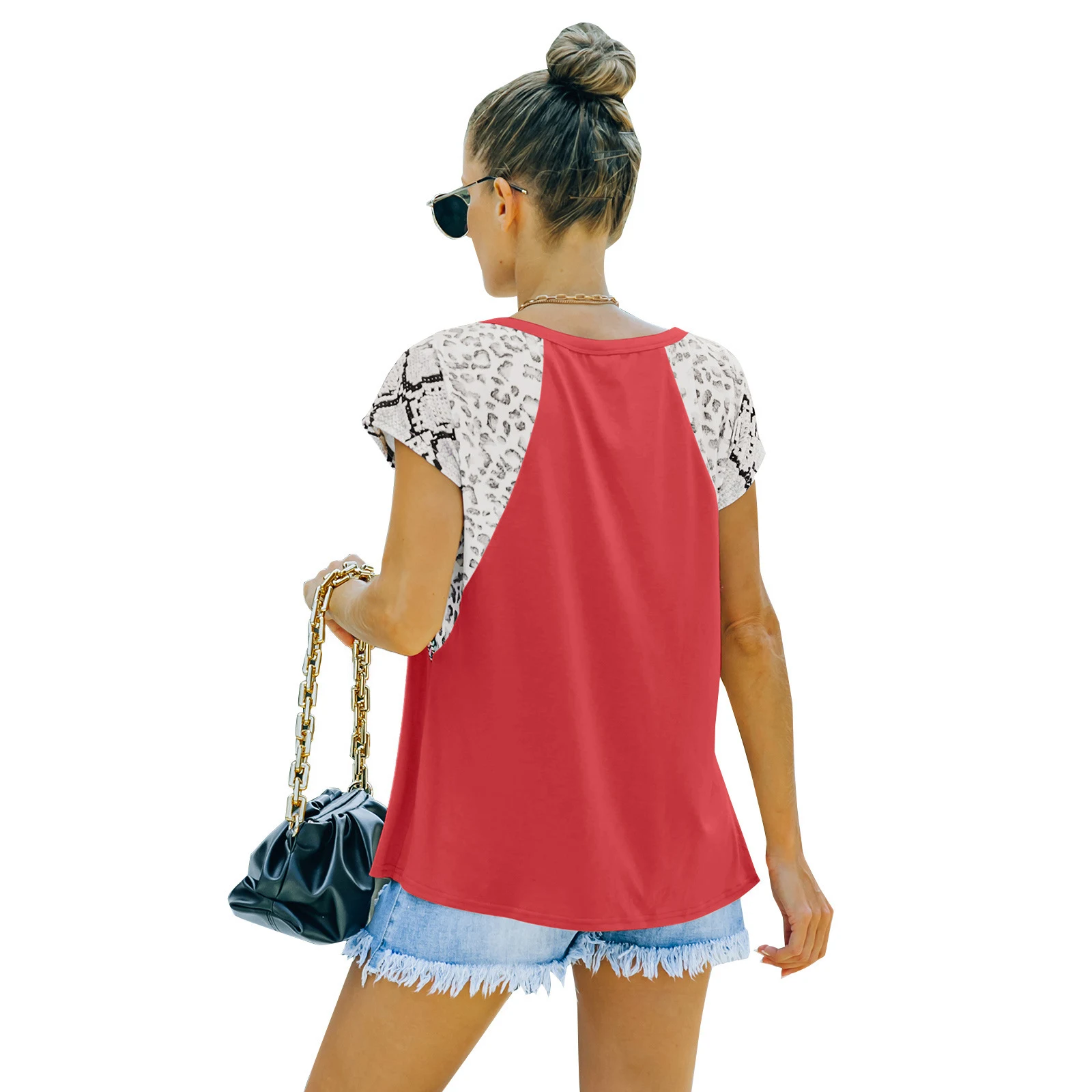 Title 34, Short Sleeve Color Contrast Top Women Loose Rou...