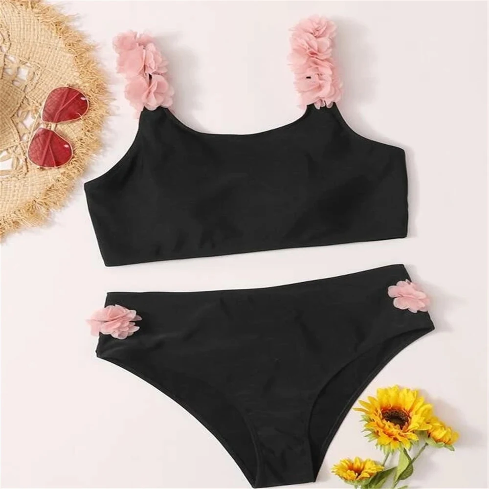 Biquíni de cintura alta com bojo e pétalas costuradas à mão, traje de banho split para mulheres, estilo e conforto na praia ou piscina. — foto 1