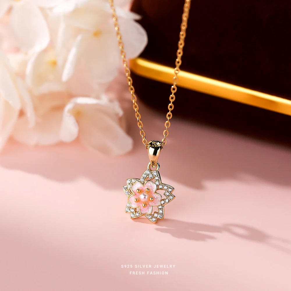 Colar de prata esterlina S925 com flor de pêssego giratória para mulheres, estilo japonês doce, joia encantadora, presente perfeito para ocasiões especiais. — foto 7