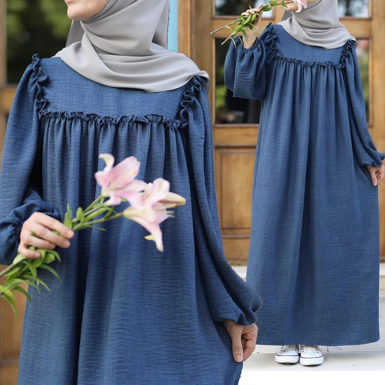 Effen kleur vezelige zelfkant Pullover losse lange jurk — foto 19