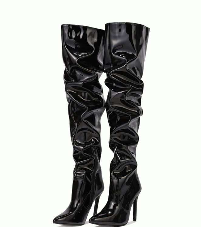 Black patent leather high top zip stiletto heel women's boots, providing a bold and stylish statement, perfect for any o — photo 4