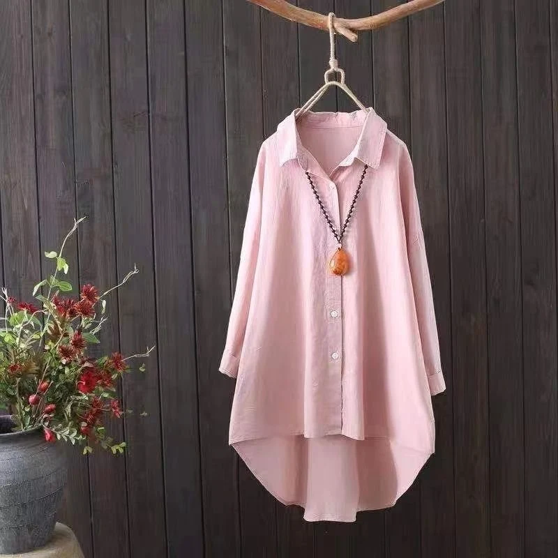 Women's mid-length loose long sleeve cotton shirt, offering all-day comfort and versatile style for any casual occasion. — photo 5