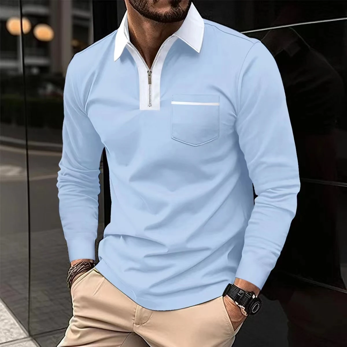 Camisas Polo com Zíper Manga Longa Masculinas Outono 2024 Gola Lapela Casuais Algodão Esportivas Henley com Zíper para Golf, Tênis e Esportes — foto 31