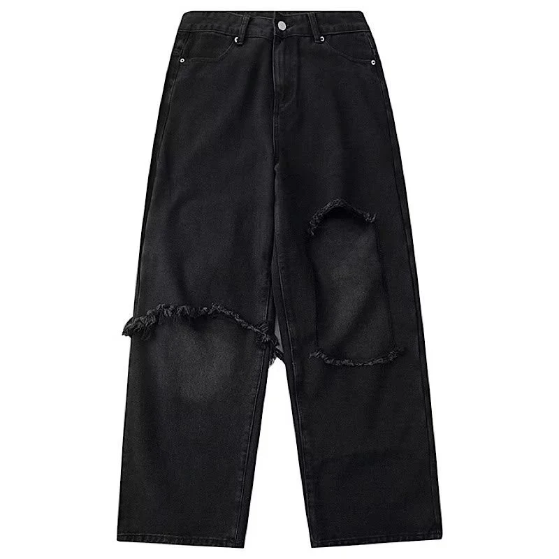 Black Pants Loose Straight Ripped Jeans Comfortable Stylish Casual Wear Modern Look Relaxed Fit Straight Leg Everyday Fa — photo 1