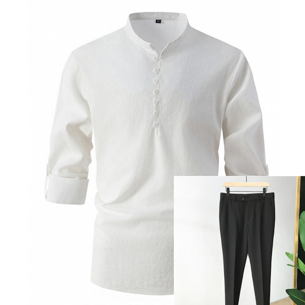Camisa masculina retrô de algodão e linho primavera e outono, gola padre, slim, casual e de negócios. Conforto e elegância. — foto 4