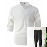 Camisa masculina retrô de algodão e linho primavera e outono, gola padre, slim, casual e de negócios. Conforto e elegância. — foto 4