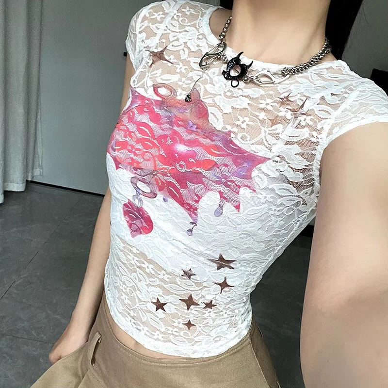 Title 5, Womens See-through Lace Printed Short Top Styl...