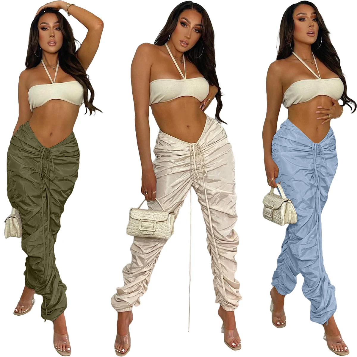 Women's Fashionable Solid Color Memory Fabric Pleated Drawstring Sports Casual Pants, offering comfort, style, and a per — photo 4