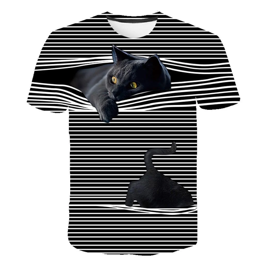 Camiseta de manga curta listrada de gatinho 3D fashion — foto 4