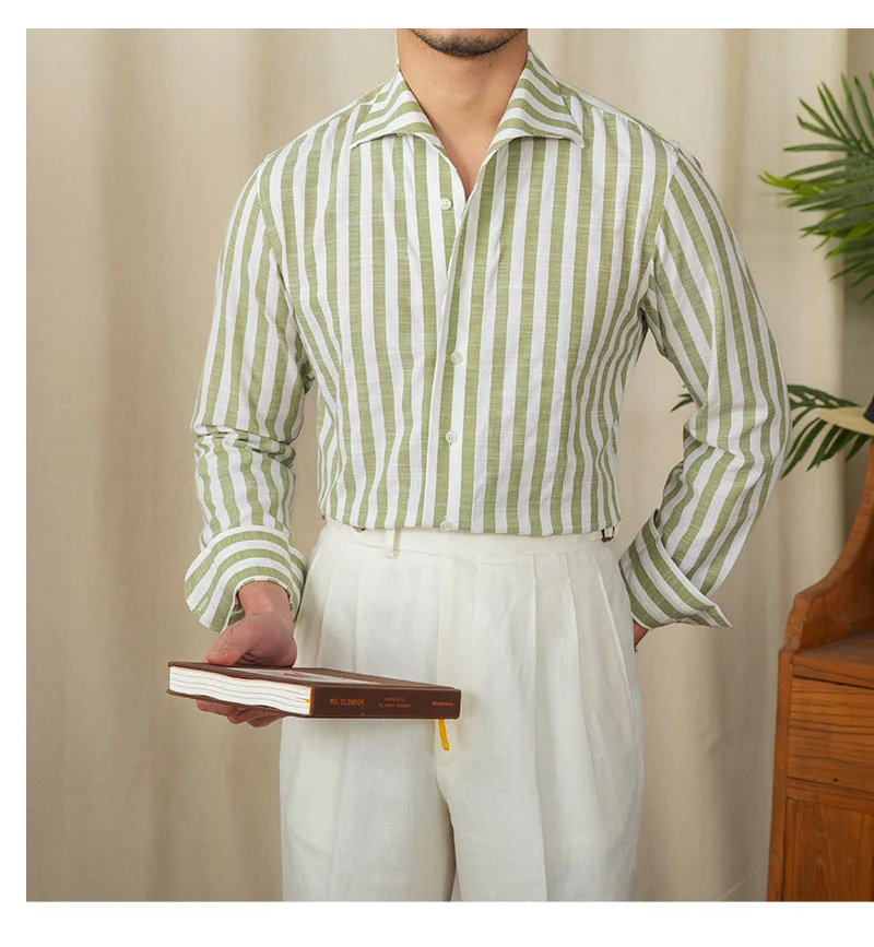Camisa masculina de algodão listrada para negócios casuais, elegante e confortável, perfeita para o trabalho e ocasiões informais. — foto 10