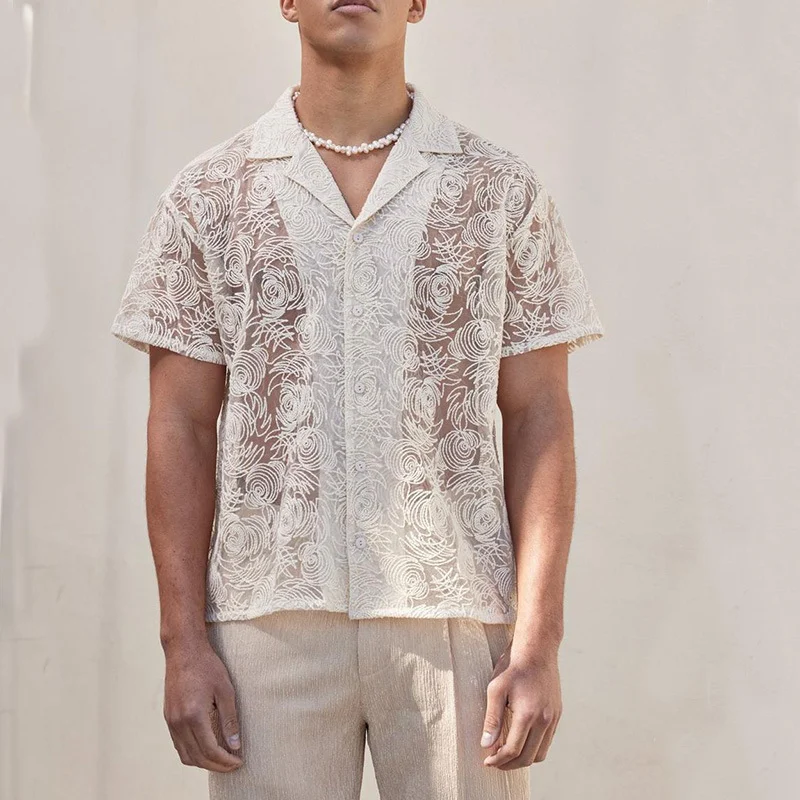 Title 4, Mens Fashion Casual Draping Hollow Lace Shirt ...
