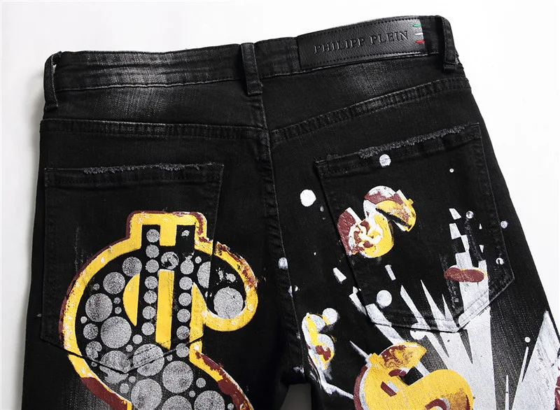 Title 17, Slim Nightclub Trendy Personality Pattern Denim...