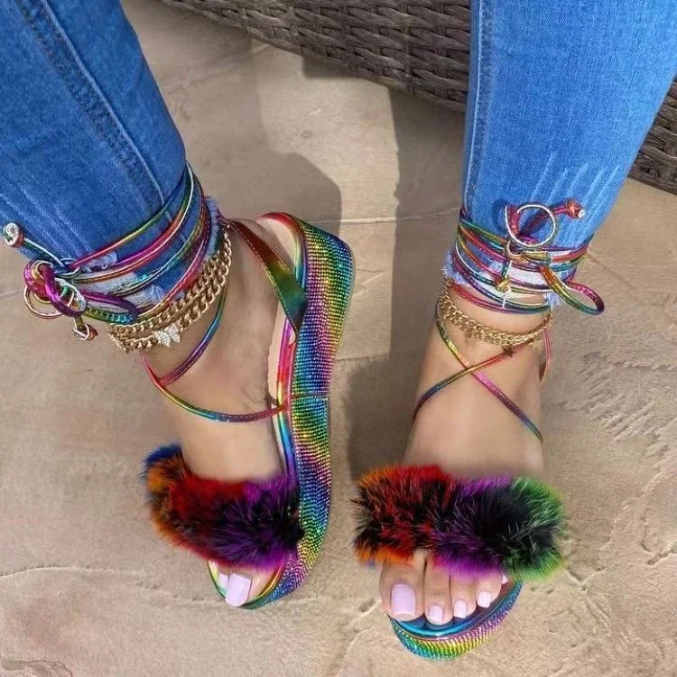 Title 5, Womens Colored Plush Sandals Thick-Soled Rhine...