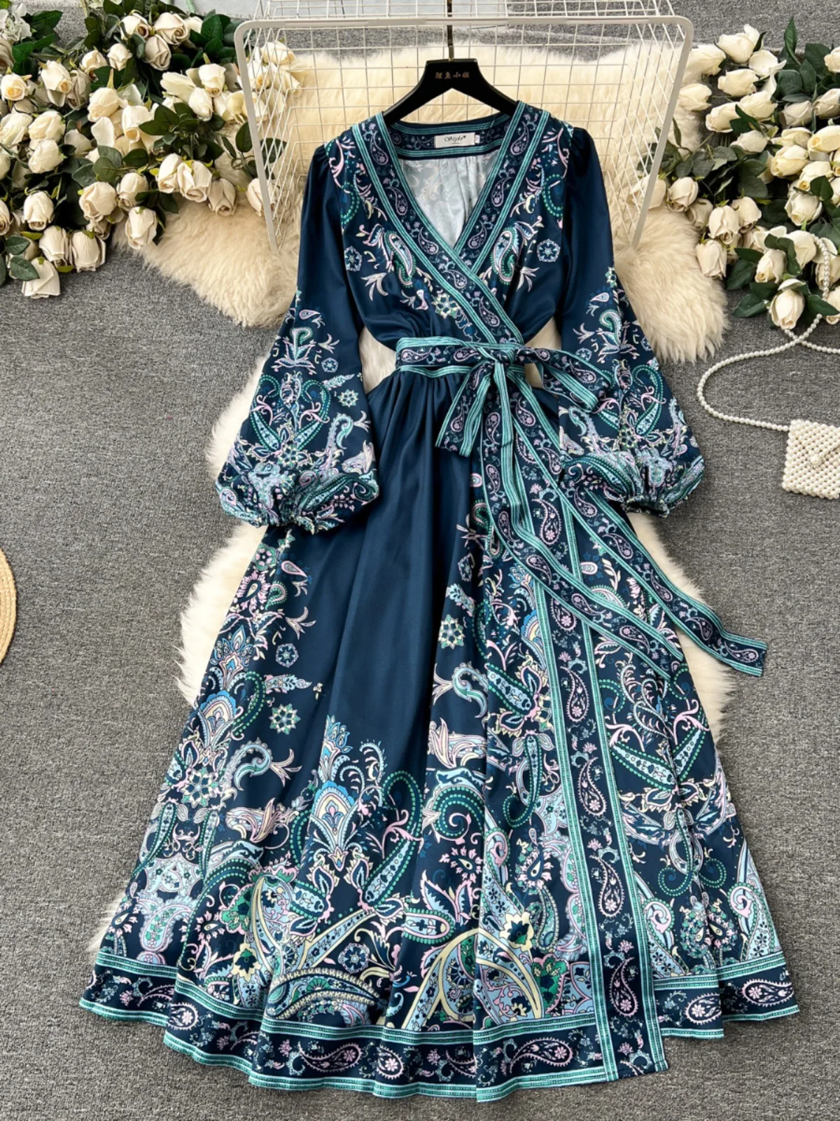 One-piece Lace-up Waist Trimming Printing Dress — photo 1