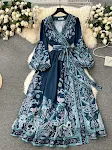 One-piece Lace-up Waist Trimming Printing Dress — photo 1