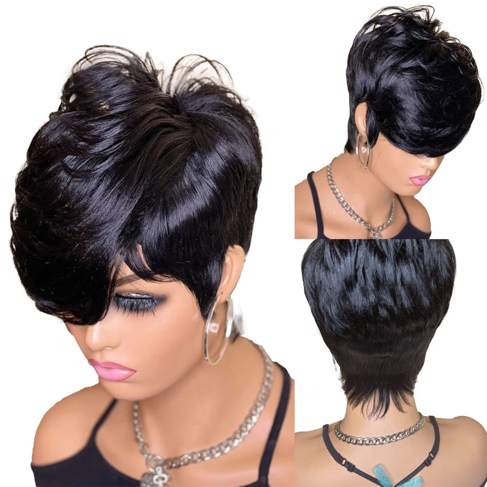 Peruca pixie curta e ondulada de cabelo humano, feita à máquina. Look natural, fácil de usar, confortável e perfeita para um visual moderno. — foto 10