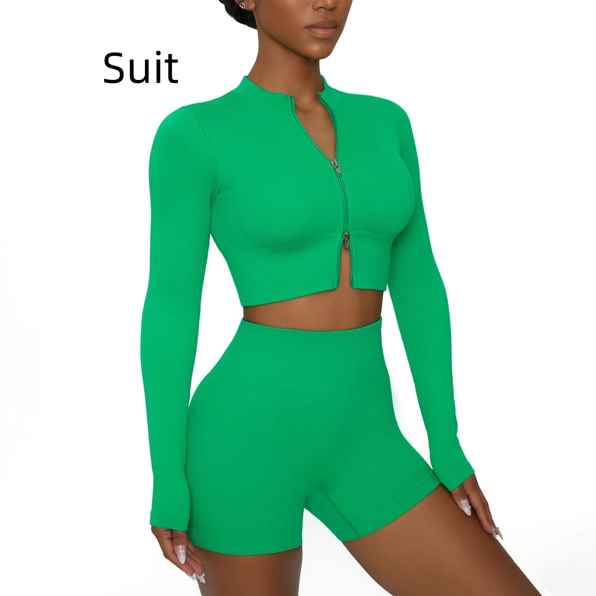 Conjunto esportivo sem costura, camiseta e calça legging de yoga, cor sólida, respirável, para corrida e fitness. — foto 10