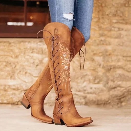 Title 2, Retro Chunky Heel Embroidered Pointed High Heel...