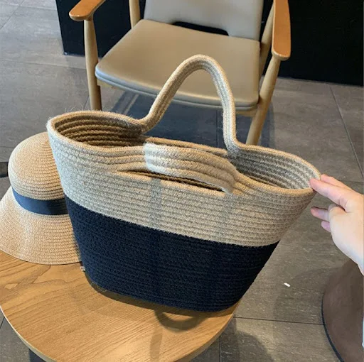 Title 3, Fashion Color Blocking Straw Woven Cotton Bag. ...