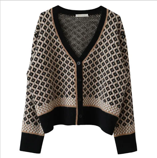 Title 3, Contrasting Color V-Neck Diamond Knit Cardigan ...