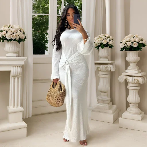 Title 4, Elegant Solid Color Round-Neck Long-Sleeved Dre...