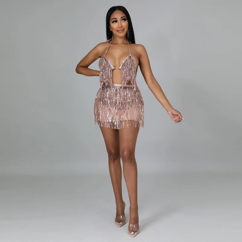 Top com franjas e alças e saia – Conjunto feminino elegante – Perfeito para eventos especiais, moderno e confortável. — foto 2