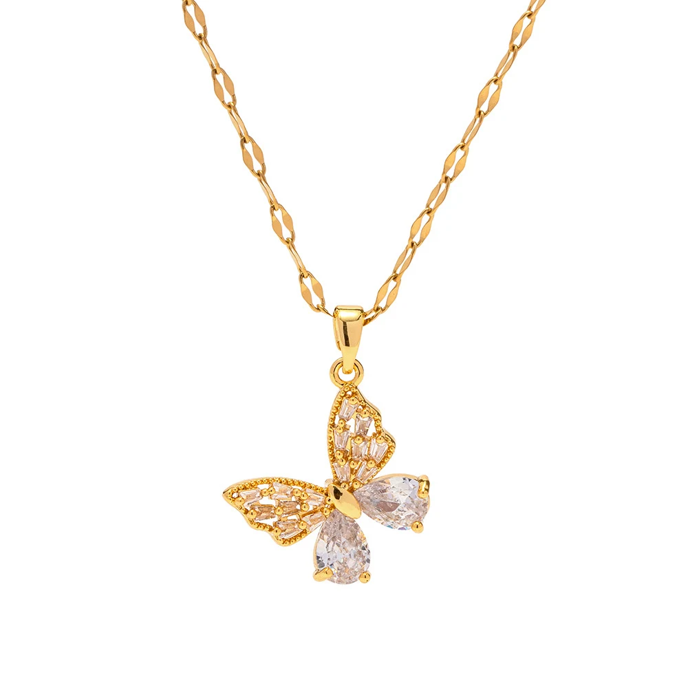 Colar com pingente de borboleta em aço inoxidável banhado a ouro 18K com zircônias brancas, perfeito para um visual sofisticado e moderno. — foto 1