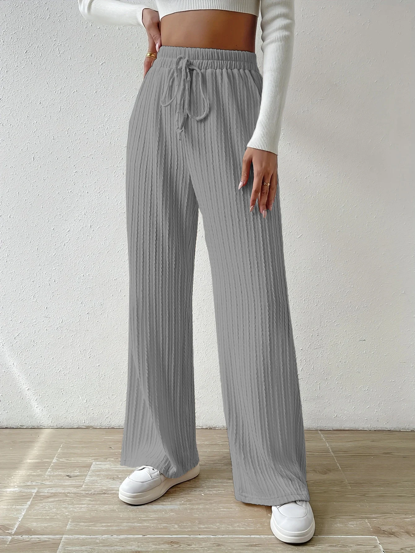 Title 3, Womens Knot Waist Textured Knit Wide Leg Trous...