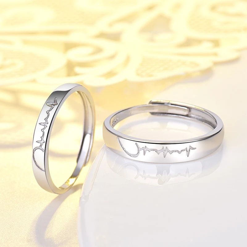 Anel de casal estudantil de prata 925 com coração criativo e design ECG, perfeito para expressar amor e carinho de forma original. — foto 6