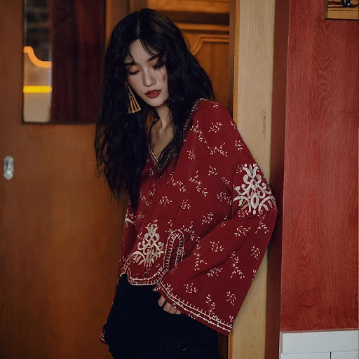 Title 2, Red embroidered bell sleeve vacation dress for ...