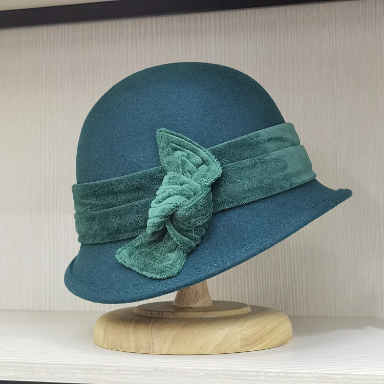 Herfst en winter wollen fluwelen bucket hat met strikdecoratie, houdt je warm en geeft een modieuze uitstraling. — foto 2