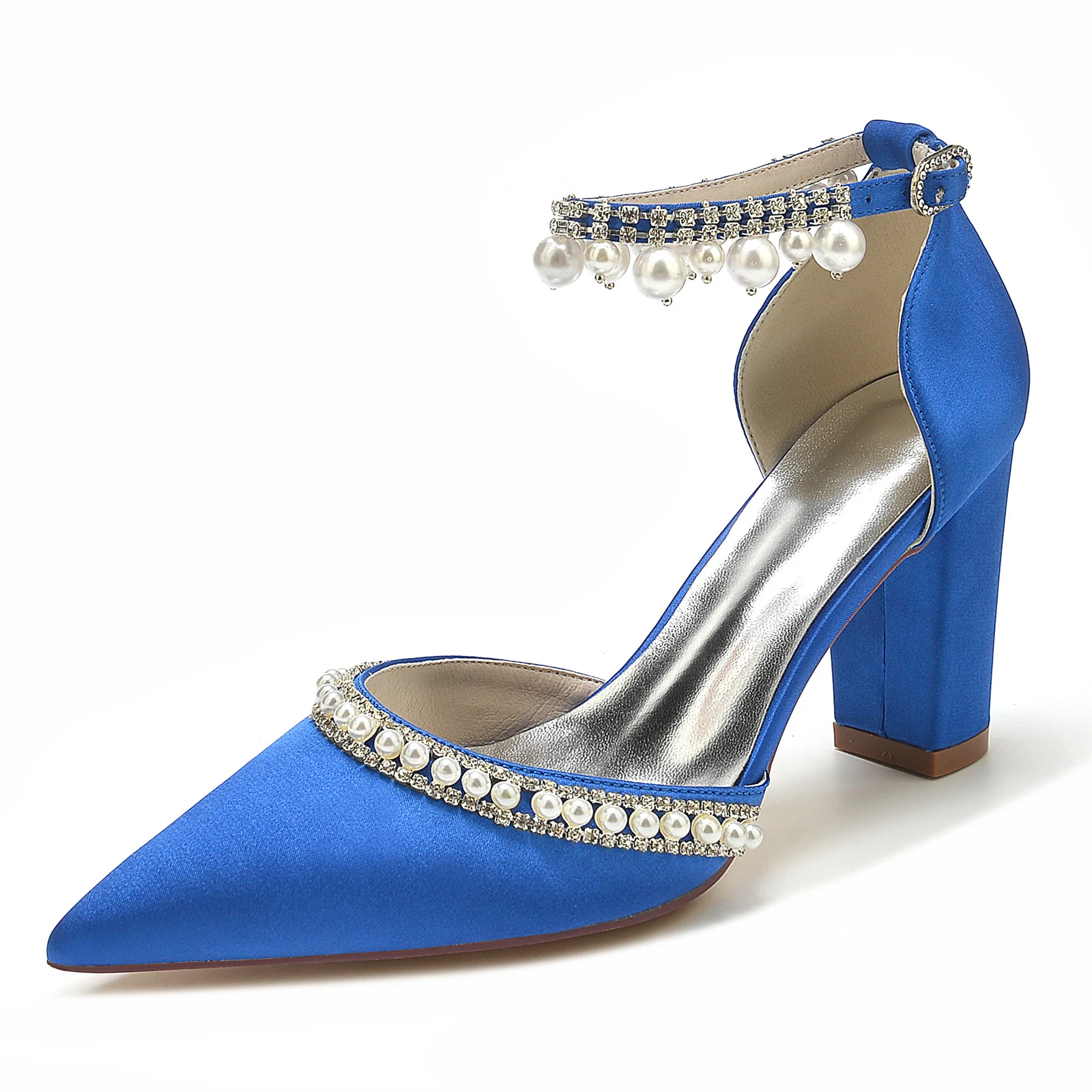 Elegante Satin Pumps mit spitzem Zehenbereich, Blockabsatz, Strass und Kristallkette für stilvolle Auftritte und besonderen Glanz. — foto 6