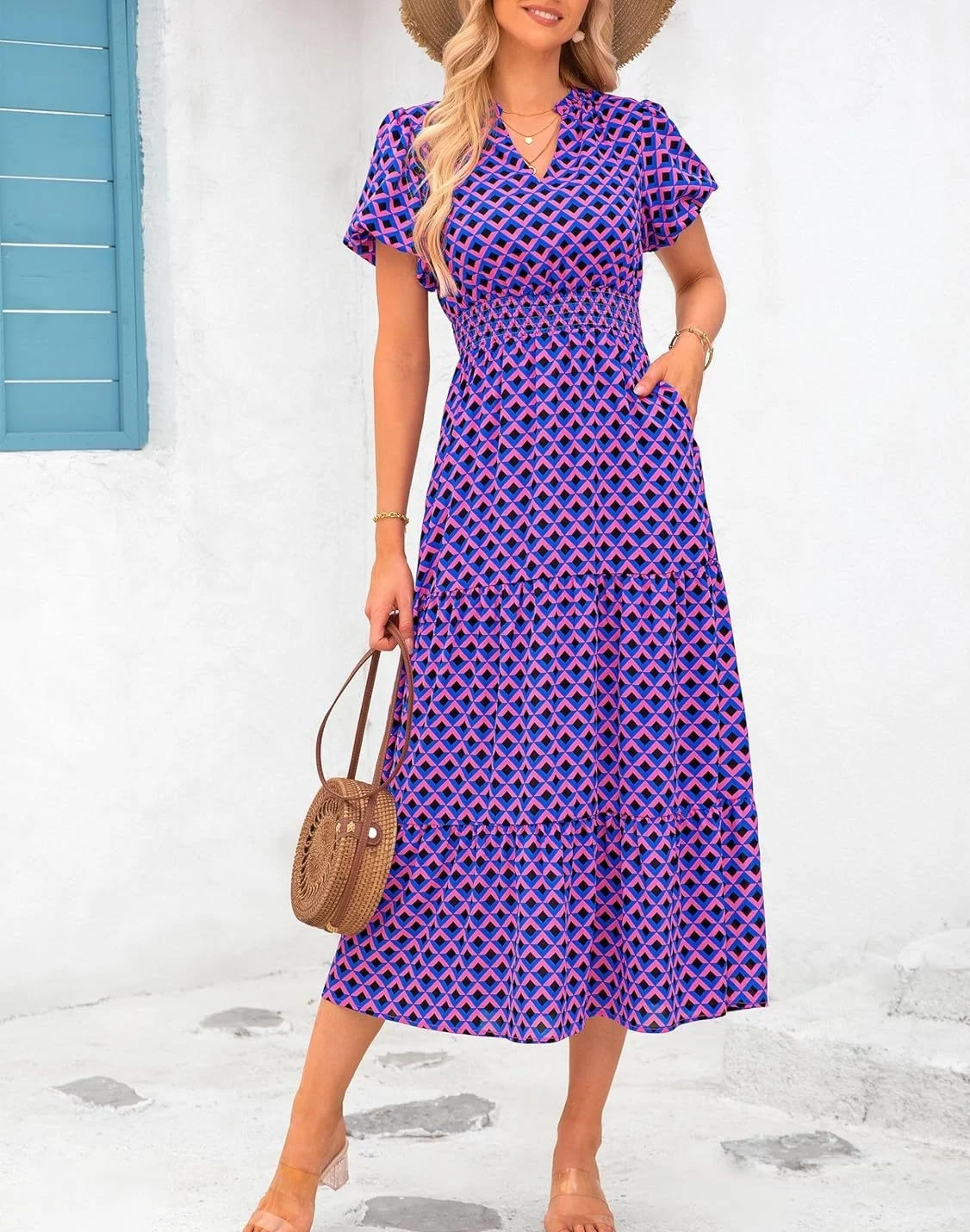 Women's V-neck Bubble Pleated Print Short Sleeve Dress — photo 6