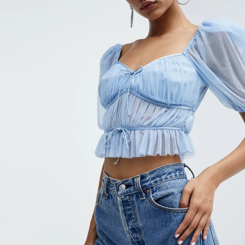 Women's Lightweight Tulle Feminine Crinkled Lace-Up Top perfect for a comfortable and stylish look. Elevate your wardrob — photo 6